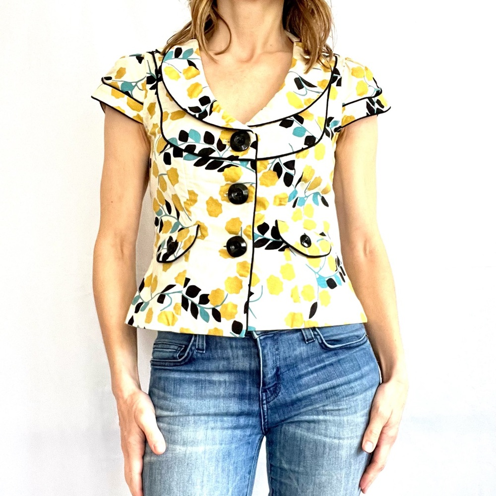 Mossimo floral leaf mustard turquoise black cap sleeve pipelined blazer size XS